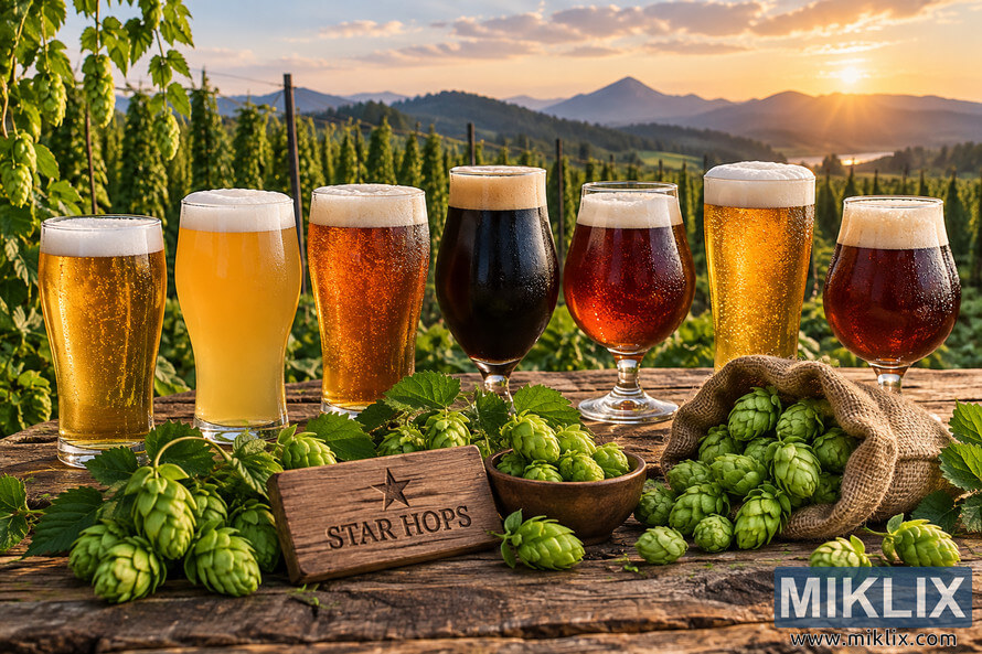Seven glasses representing different beer styles, from pale golden and hazy beer to amber, dark stout-like, and reddish-brown varieties, arranged on a rustic wooden table with fresh green hops, a burlap sack, and a wooden Star Hops sign. A lush hop field, forested hills, distant mountains, and a glowing sunset fill the landscape background. Seven glasses representing different beer styles, from pale golden and hazy beer to amber, dark stout-like, and reddish-brown varieties, arranged on a rustic wooden table with fresh green hops, a burlap sack, and a wooden Star Hops sign. A lush hop field, forested hills, distant mountains, and a glowing sunset fill the landscape background.