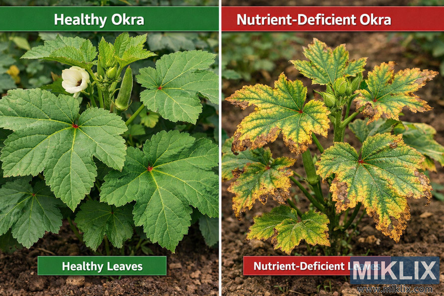 Side-by-side comparison of healthy green okra leaves and yellow, damaged nutrient-deficient okra leaves growing in soil.