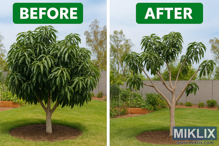 UporeÄivanje stabla manga pre i posle pravilnog obrezivanja u tropskom vrtu