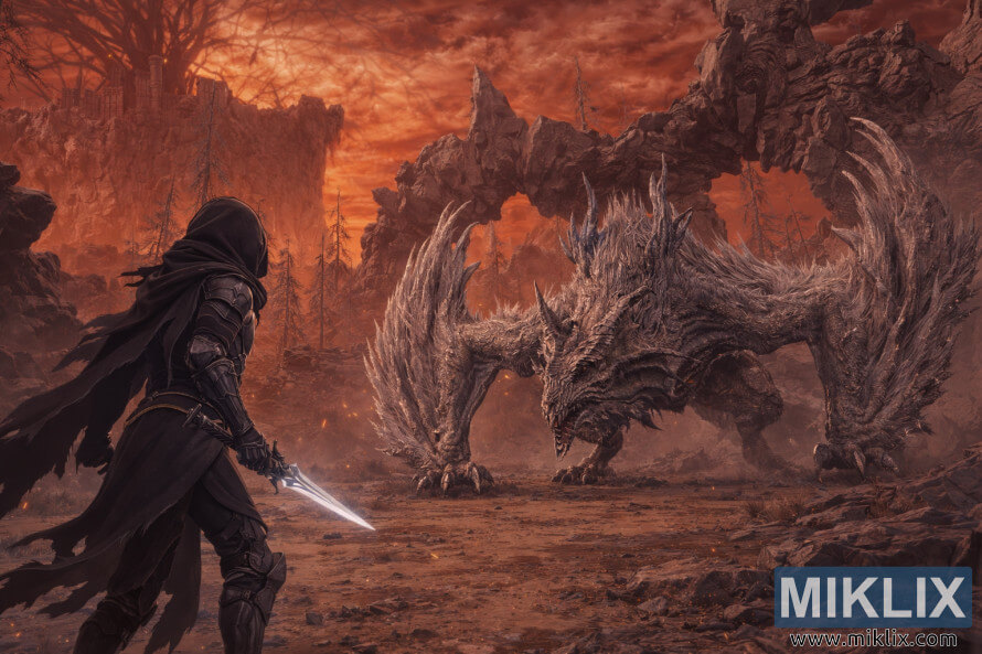 Fanowska grafika w stylu anime przedstawiajÄca Tarnished in Black Knife w zbroi stojÄcej naprzeciw Jagged Peak Drake'a u ognistych podnÃ³Å¼y wzgÃ³rz Elden Ring: Shadow of the Erdtree, chwilÄ przed bitwÄ.