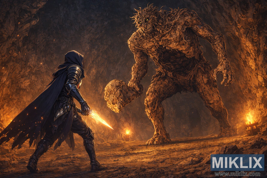 Fan art ao estilo anime de um Maculado com armadura Black Knife a enfrentar um enorme chefe Troll Escavador de Pedras numa caverna subterrÃ¢nea luminosa mesmo antes do combate.