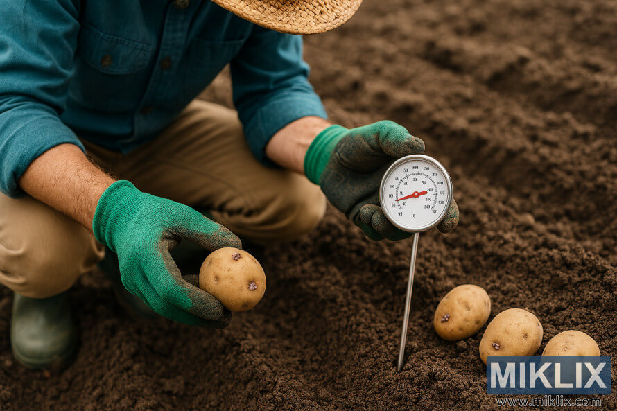 Gardener using a soil thermometer to check temperature before planting seed potatoes in tilled soil