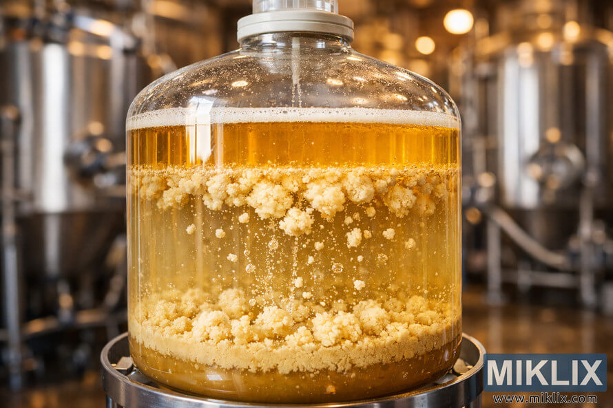 Close-up of a glass fermenter showing KÃ¶lsch yeast flocculation with sediment settling at the bottom and bubbles rising in golden beer.