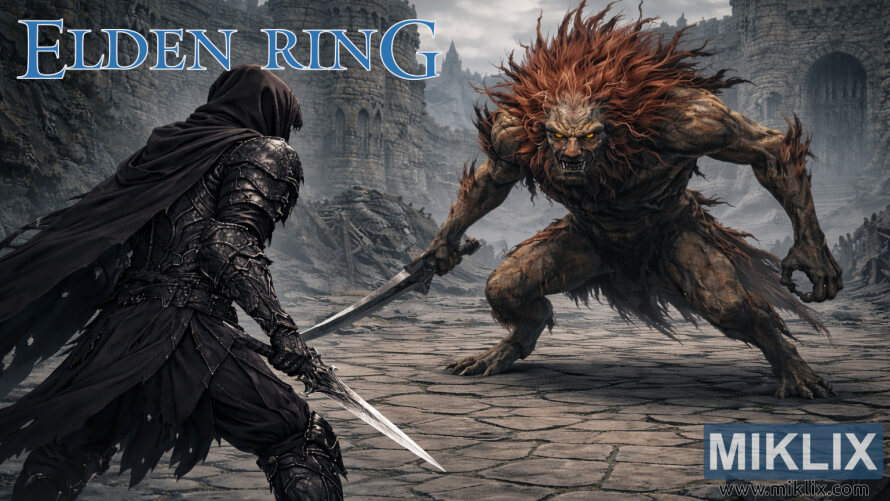 Fan art scene showing a hooded warrior in Black Knife armor facing a lion-like beast with a sword in the ruined courtyard of Castle Morne from Elden Ring. Fan art scene showing a hooded warrior in Black Knife armor facing a lion-like beast with a sword in the ruined courtyard of Castle Morne from Elden Ring.