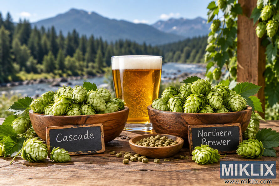 Landscape photograph of Cascade and Northern Brewer hop cones in labeled wooden bowls beside hop pellets and a glass of golden beer, set on a rustic table against a river, evergreen forest, and mountain backdrop.