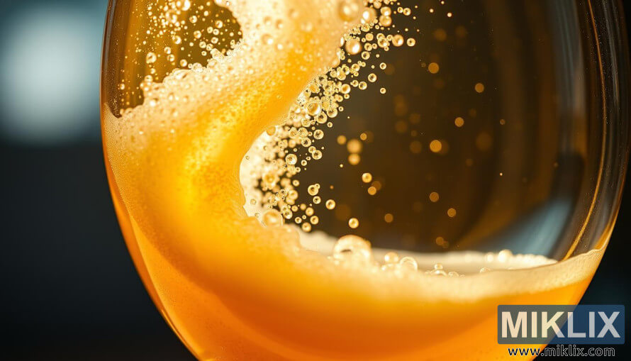 Gelembung yang berputar dalam wadah kaca menunjukkan fermentasi aktif dengan ragi Kveik.