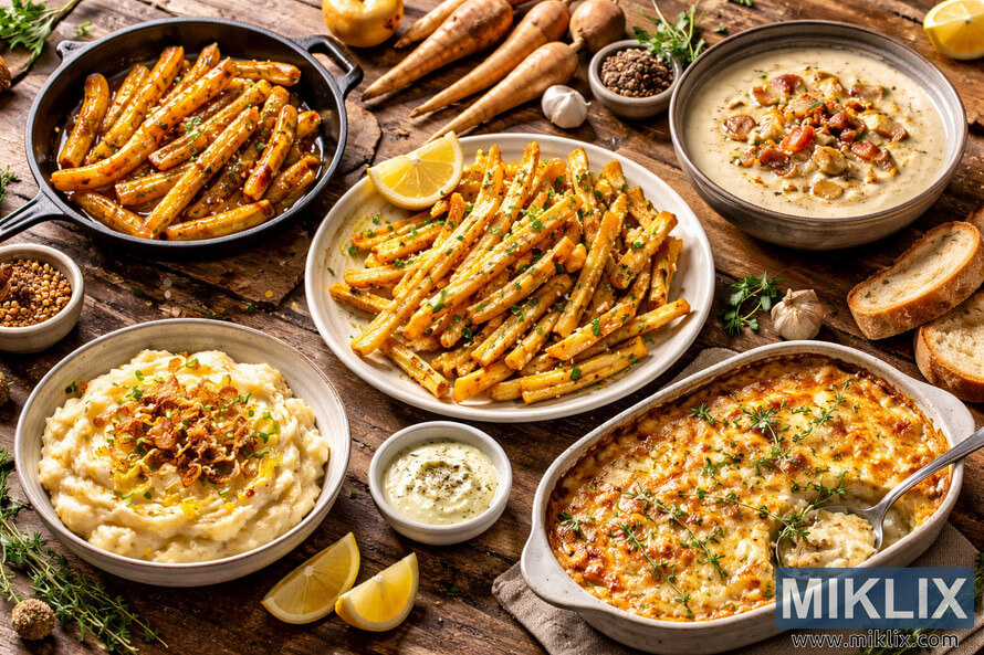 A rustic wooden table filled with several cooked parsnip dishes including roasted parsnips, creamy soup, mashed parsnips, crispy fries, and a baked gratin, surrounded by herbs, garlic, lemon wedges, and raw parsnips.