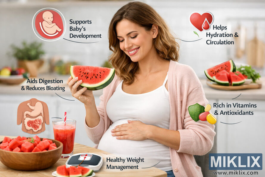 Pregnant woman sitting at a light-colored kitchen table, smiling and holding a slice of ripe watermelon while gently cradling her belly. On the table are a wooden bowl of cubed watermelon, a glass of watermelon juice with a straw, and a plate of watermelon slices. Around her are overlayed graphics and text highlighting benefits of watermelon for pregnancy, such as supporting baby’s development, aiding hydration and circulation, improving digestion, providing vitamins and antioxidants, and helping with healthy weight management. Pregnant woman sitting at a light-colored kitchen table, smiling and holding a slice of ripe watermelon while gently cradling her belly. On the table are a wooden bowl of cubed watermelon, a glass of watermelon juice with a straw, and a plate of watermelon slices. Around her are overlayed graphics and text highlighting benefits of watermelon for pregnancy, such as supporting baby’s development, aiding hydration and circulation, improving digestion, providing vitamins and antioxidants, and helping with healthy weight management.