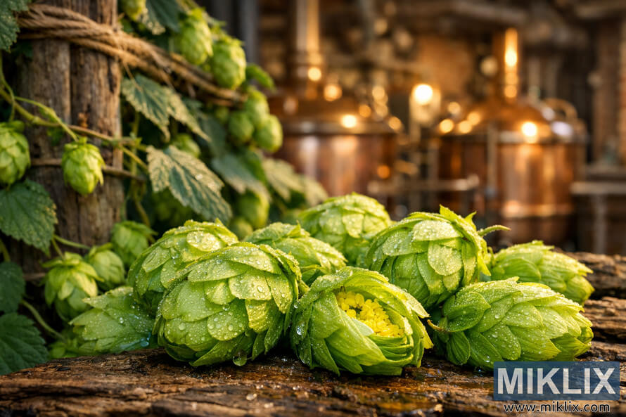Close-up of dew-covered British Saxon hops with visible yellow lupulin glands, set against hop vines on a wooden trellis and a softly blurred English brewery with copper kettles.