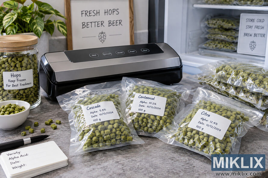Landscape photo of a homebrewing hop storage setup with a generic vacuum sealer, labeled transparent bags of green hop pellets, labeling supplies, a glass hop jar, and sealed hop packages stored inside an open freezer. Landscape photo of a homebrewing hop storage setup with a generic vacuum sealer, labeled transparent bags of green hop pellets, labeling supplies, a glass hop jar, and sealed hop packages stored inside an open freezer.