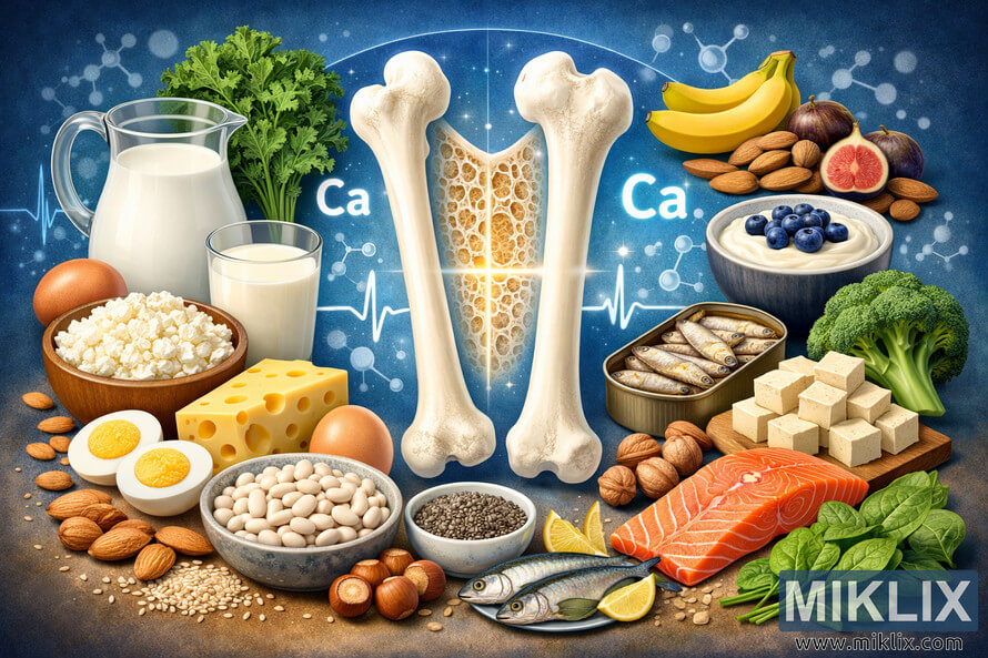 Illustration showing strong human bones surrounded by calcium-rich foods like milk, cheese, yogurt, broccoli, salmon, and nuts on a blue background with calcium symbols. Illustration showing strong human bones surrounded by calcium-rich foods like milk, cheese, yogurt, broccoli, salmon, and nuts on a blue background with calcium symbols.