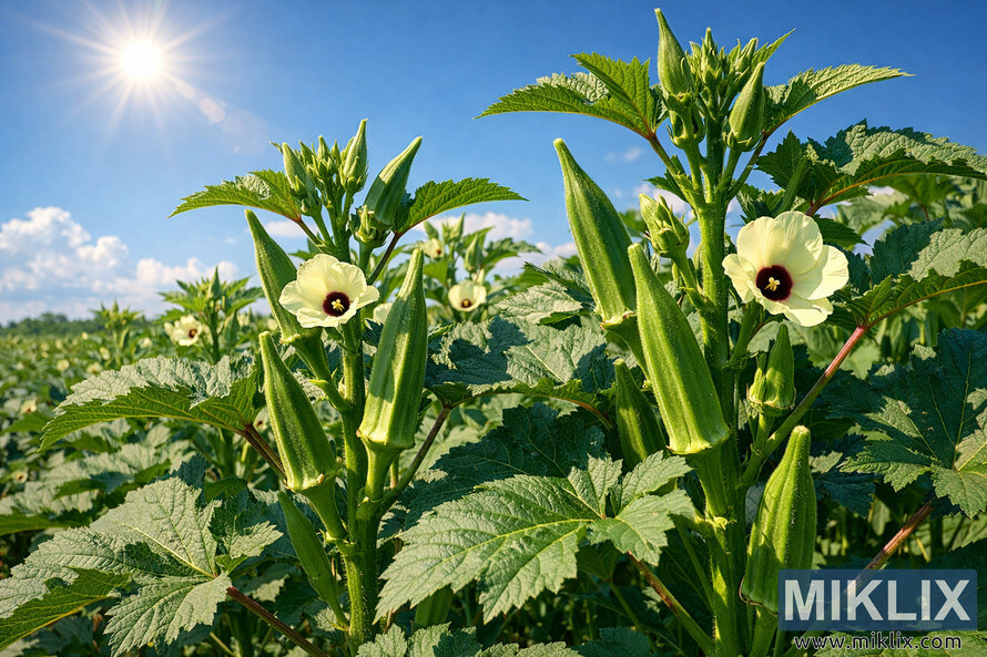 Healthy green okra plants with pods and pale flowers growing in a sunny field under a clear blue sky