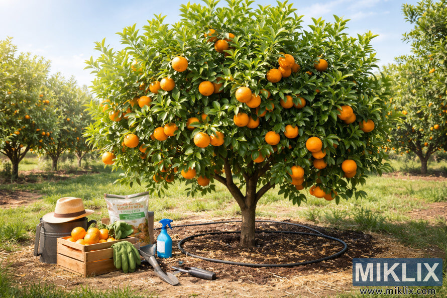 A thriving orange tree in a well-maintained orchard, laden with ripe oranges and surrounded by gardening tools and drip irrigation showing proper care.