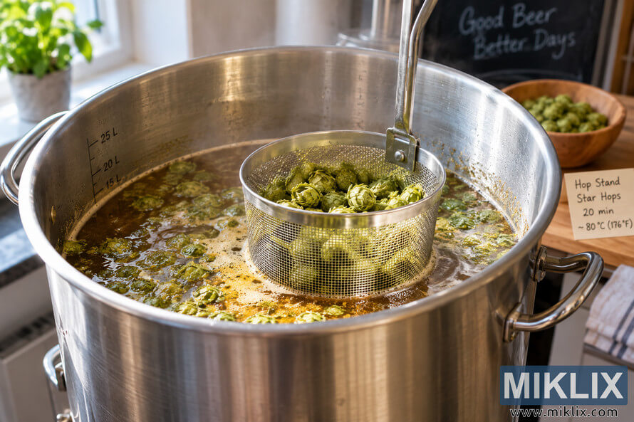 Close-up landscape photo of a stainless-steel homebrewing kettle filled with amber wort and green hops, with a mesh hop basket steeping hops during a hop stand. Close-up landscape photo of a stainless-steel homebrewing kettle filled with amber wort and green hops, with a mesh hop basket steeping hops during a hop stand.