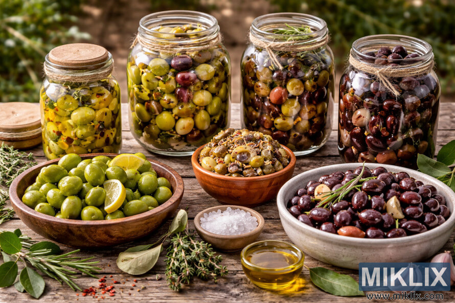 Home-cured olives in glass jars and bowls on a rustic wooden table, showing green and dark olives at different stages of curing with herbs, garlic, spices, and olive oil. Home-cured olives in glass jars and bowls on a rustic wooden table, showing green and dark olives at different stages of curing with herbs, garlic, spices, and olive oil.