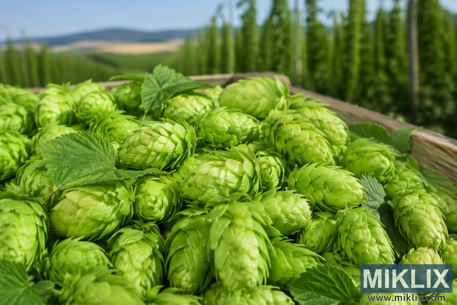Close-up landscape photograph of freshly harvested bright green hop cones piled in a wooden container, with rows of hop bines stretching into the background of a sunlit agricultural valley. The image highlights the detailed texture of the hop cones, vivid green coloration, and the natural growing environment associated with hop cultivation. Close-up landscape photograph of freshly harvested bright green hop cones piled in a wooden container, with rows of hop bines stretching into the background of a sunlit agricultural valley. The image highlights the detailed texture of the hop cones, vivid green coloration, and the natural growing environment associated with hop cultivation.