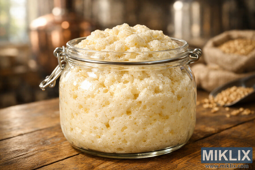 High-resolution close-up of creamy hefeweizen yeast with bubbles in a clear glass jar on a wooden table, rustic brewery background softly blurred. High-resolution close-up of creamy hefeweizen yeast with bubbles in a clear glass jar on a wooden table, rustic brewery background softly blurred.