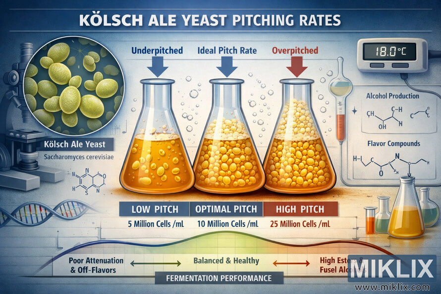 Infographic showing Kölsch ale yeast pitching rates with three flasks labeled low, optimal, and high pitch. Infographic showing Kölsch ale yeast pitching rates with three flasks labeled low, optimal, and high pitch.