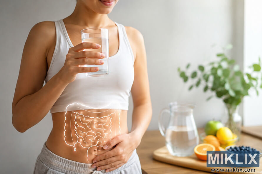 A person in a bright, minimalist room holds a clear glass of water while gently resting a hand on the lower abdomen. A subtle glowing digestive system illustration overlays the midsection, with a pitcher of water and fresh fruit softly blurred in the background, symbolizing hydration, digestion, and overall gut health. A person in a bright, minimalist room holds a clear glass of water while gently resting a hand on the lower abdomen. A subtle glowing digestive system illustration overlays the midsection, with a pitcher of water and fresh fruit softly blurred in the background, symbolizing hydration, digestion, and overall gut health.