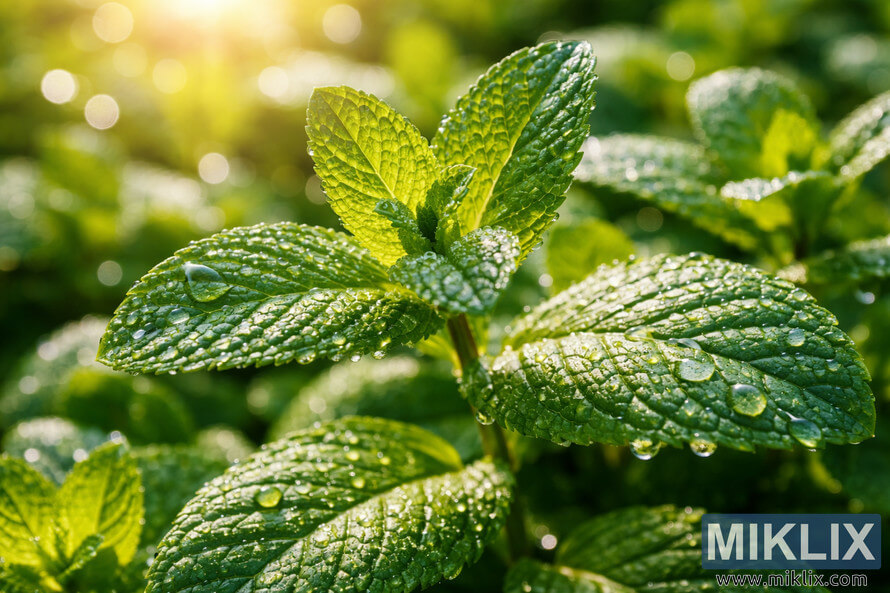 Close-up of fresh mint leaves covered in water droplets glowing in warm morning sunlight