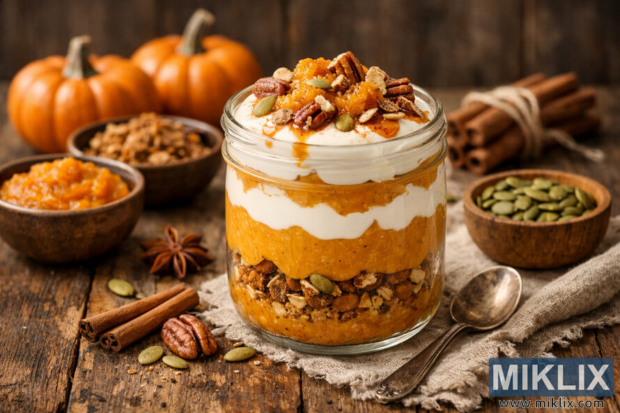 A beautifully layered pumpkin yogurt parfait in a glass jar on a rustic wooden table, surrounded by pumpkins, granola, and spices.
