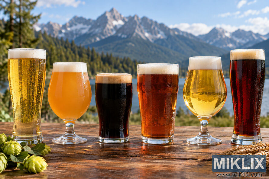 Six unbranded glasses of beer ranging from clear pale gold and hazy orange to amber, dark brown, and reddish brown, arranged on a rustic wooden table with hops and barley against a scenic mountain lake backdrop. Six unbranded glasses of beer ranging from clear pale gold and hazy orange to amber, dark brown, and reddish brown, arranged on a rustic wooden table with hops and barley against a scenic mountain lake backdrop.