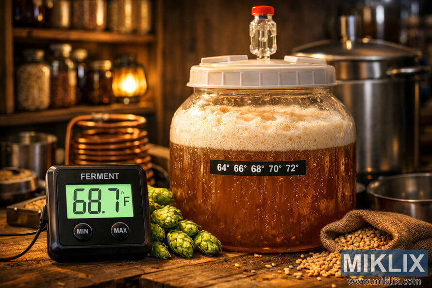 A warmly lit home brewery setup with a bubbling fermentation vessel and a digital thermometer reading 68.7Â°F, surrounded by hops and grains.