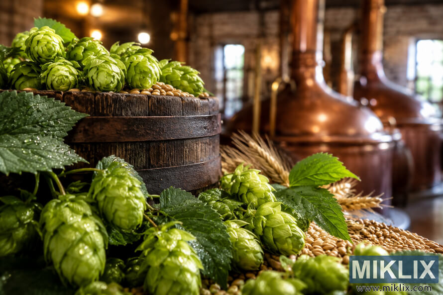 Close-up of fresh Brambling hops with dew-covered green leaves and cone-shaped buds beside a rustic wooden brewing barrel filled with barley, set against a softly blurred brewery featuring warm copper brewing kettles and ambient golden light. Close-up of fresh Brambling hops with dew-covered green leaves and cone-shaped buds beside a rustic wooden brewing barrel filled with barley, set against a softly blurred brewery featuring warm copper brewing kettles and ambient golden light.