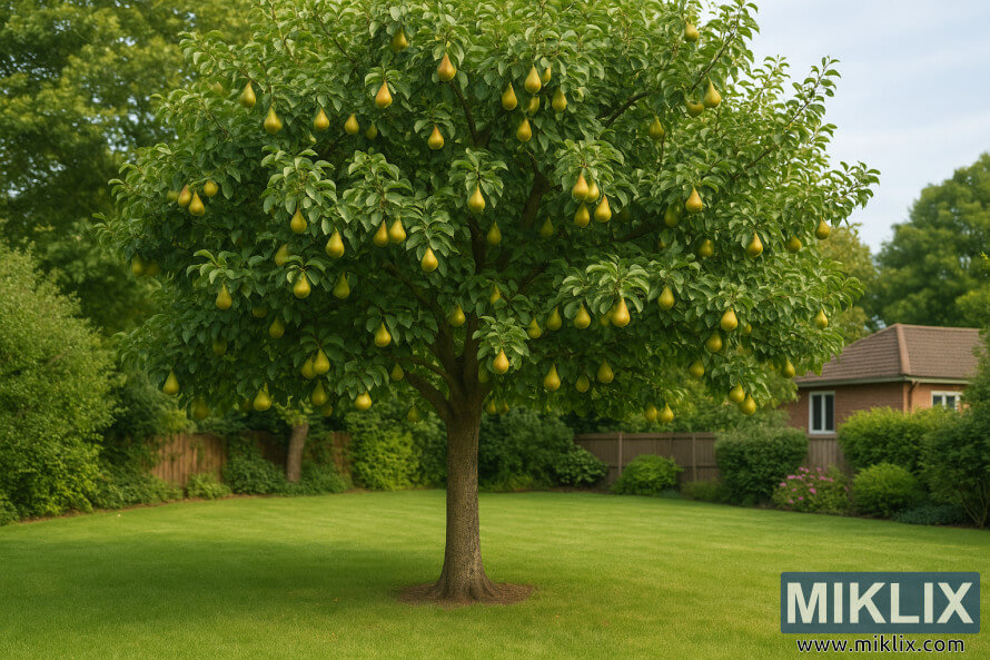 Mature pear tree with golden fruit and dense green foliage in a home garden.