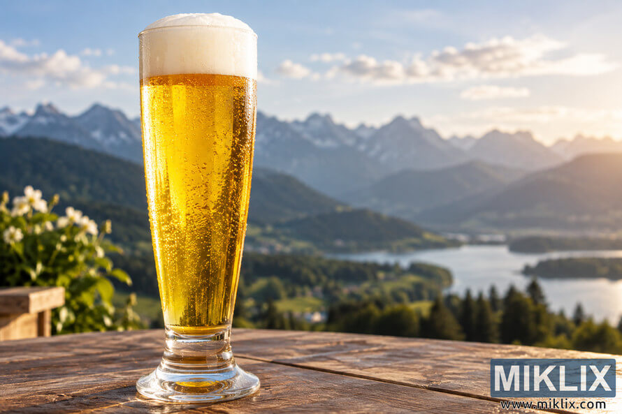 A tall glass of golden German-style pilsner with a dense white foam head and rising bubbles on a wooden deck overlooking a softly blurred alpine lake and mountains at golden hour. A tall glass of golden German-style pilsner with a dense white foam head and rising bubbles on a wooden deck overlooking a softly blurred alpine lake and mountains at golden hour.