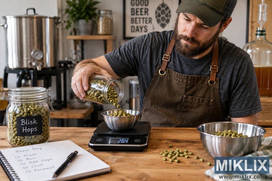 Homebrewer in an apron carefully pouring Blisk hop pellets from a glass jar into a stainless-steel bowl on a digital scale at a wooden brewing workbench. Homebrewer in an apron carefully pouring Blisk hop pellets from a glass jar into a stainless-steel bowl on a digital scale at a wooden brewing workbench.