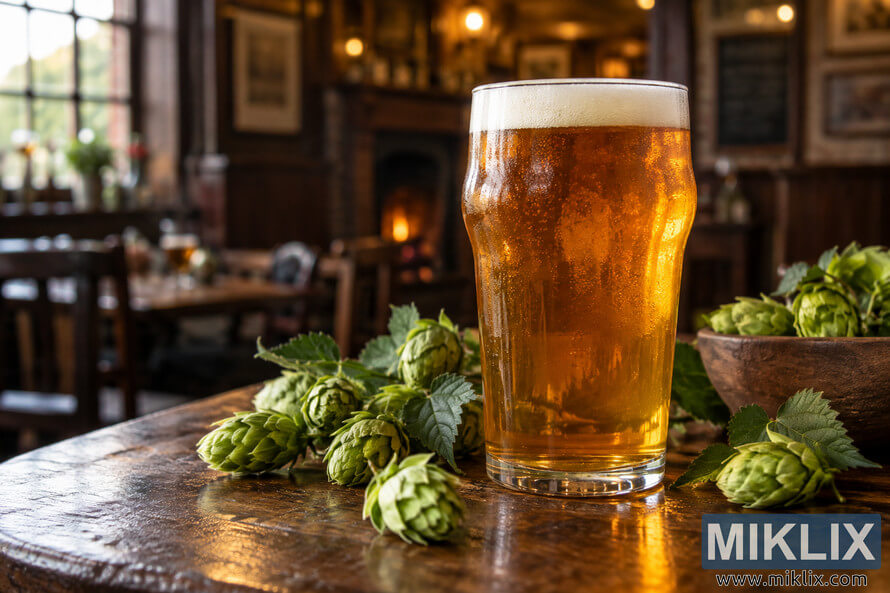 Amber English IPA in a traditional pint glass on a rustic wooden pub table, surrounded by fresh green hop cones and leaves, with a warmly lit, softly blurred pub interior in the background. Amber English IPA in a traditional pint glass on a rustic wooden pub table, surrounded by fresh green hop cones and leaves, with a warmly lit, softly blurred pub interior in the background.