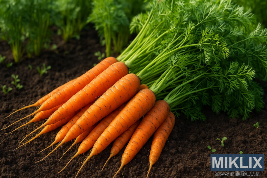 Una pila de zanahorias anaranjadas reciÃ©n cosechadas con hojas verdes que descansan sobre tierra fÃ©rtil de jardÃ­n.