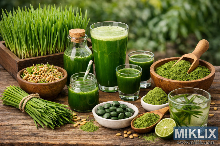 Landscape photo of a rustic wooden table covered with different wheatgrass products, including a planter of fresh wheatgrass, a bowl of sprouted wheat berries, a bundle of cut wheatgrass tied with twine, several glasses and bottles of bright green wheatgrass juice and shots, wooden bowls and spoons filled with wheatgrass powder, a small dish of dark green wheatgrass tablets, and a glass of wheatgrass water with ice and lime, all set against a softly blurred green garden background. Landscape photo of a rustic wooden table covered with different wheatgrass products, including a planter of fresh wheatgrass, a bowl of sprouted wheat berries, a bundle of cut wheatgrass tied with twine, several glasses and bottles of bright green wheatgrass juice and shots, wooden bowls and spoons filled with wheatgrass powder, a small dish of dark green wheatgrass tablets, and a glass of wheatgrass water with ice and lime, all set against a softly blurred green garden background.