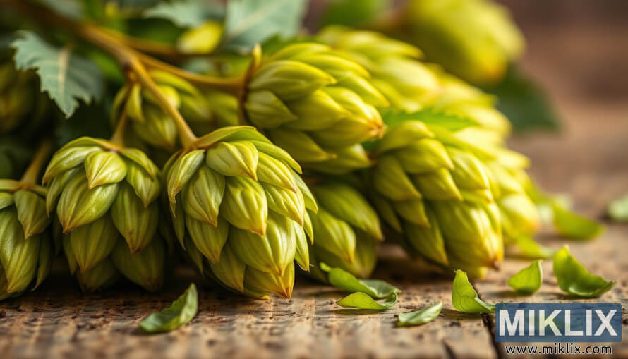 Deukeut-deukeut karek dipanÃ©n Emas hops congcot dina permukaan kai rustic.