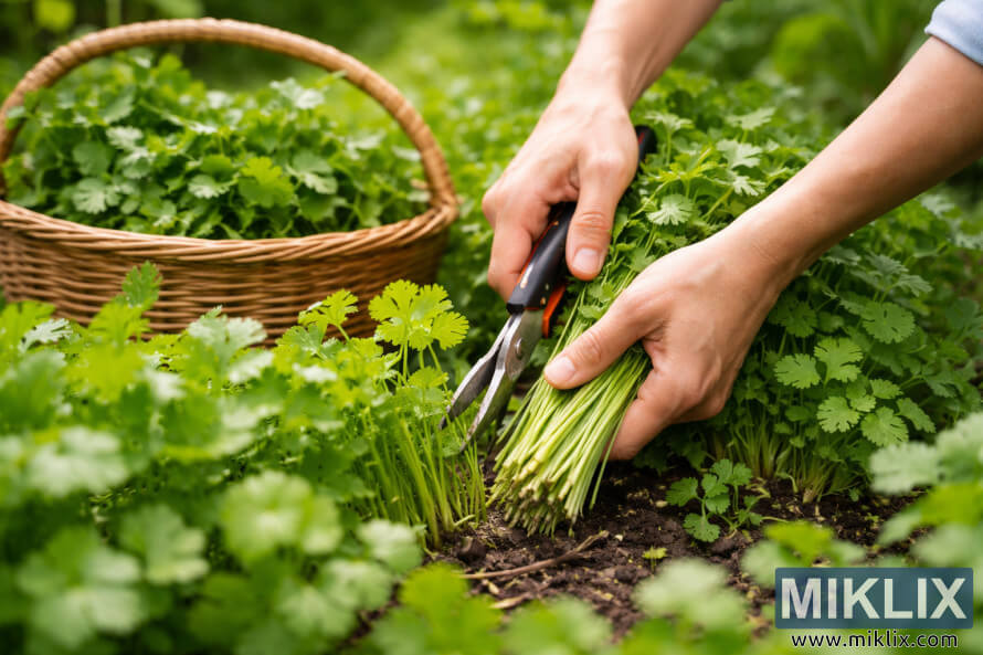 Des mains coupant des tiges de coriandre fraÃ®ches prÃ¨s de la base avec des cisailles dans un parterre verdoyant et luxuriant.