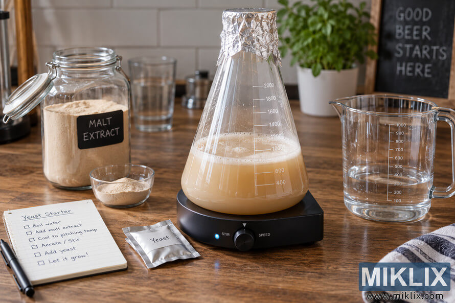 Homebrewing yeast starter in a glass flask on a magnetic stir plate, surrounded by malt extract, yeast, water, and preparation notes.