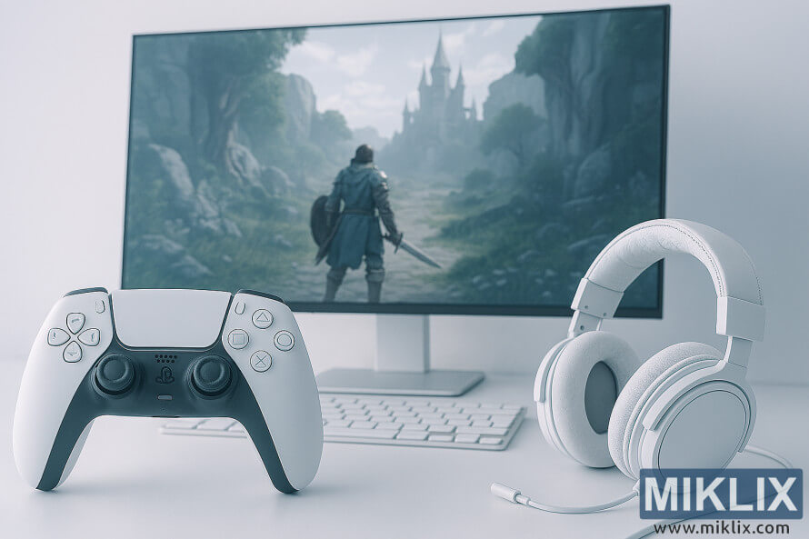 Valge PS5 kontroller, kõrvaklapid ja monitor, mis näitavad fantaasia-RPG-stseeni