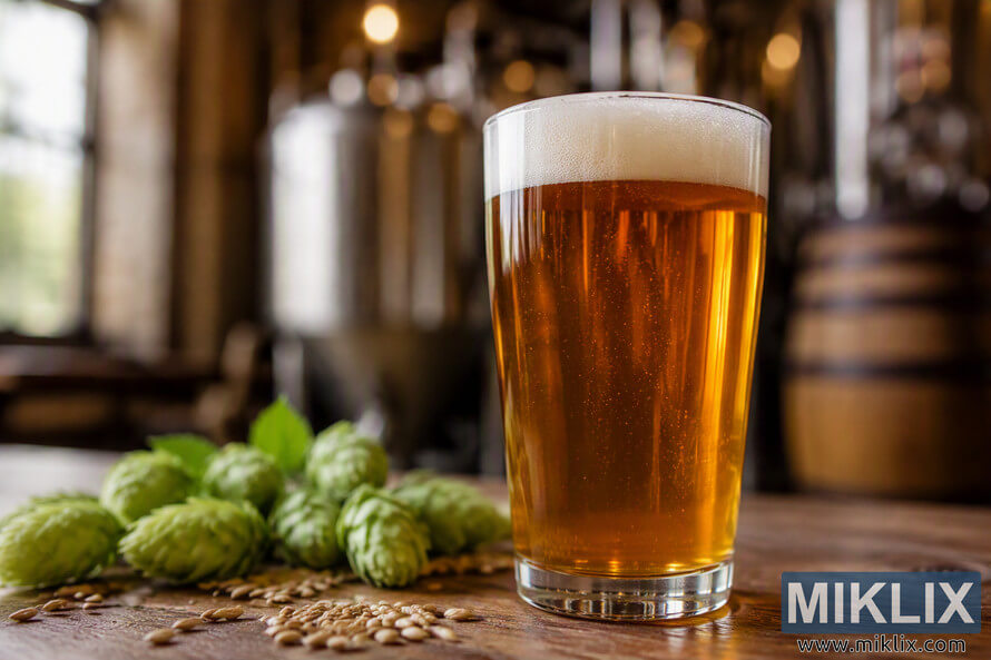 A crystal-clear golden craft beer in a clean pint glass sits on a rustic wooden table inside a brewery. Fresh green hop cones and grains lie in the foreground, while brewing equipment appears softly blurred in the background. The beer displays a bright amber-gold color, excellent clarity, fine carbonation, and a dense white foam head under warm ambient lighting. A crystal-clear golden craft beer in a clean pint glass sits on a rustic wooden table inside a brewery. Fresh green hop cones and grains lie in the foreground, while brewing equipment appears softly blurred in the background. The beer displays a bright amber-gold color, excellent clarity, fine carbonation, and a dense white foam head under warm ambient lighting.