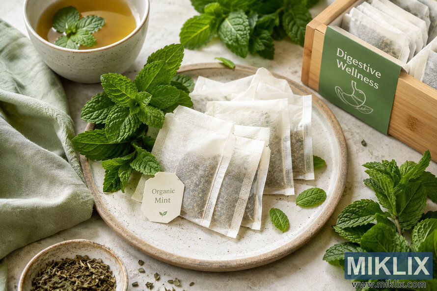 Organic mint tea bags artistically arranged on a ceramic plate with fresh mint leaves, a cup of herbal tea, and natural wooden accents in a bright wellness-inspired flat lay composition. Organic mint tea bags artistically arranged on a ceramic plate with fresh mint leaves, a cup of herbal tea, and natural wooden accents in a bright wellness-inspired flat lay composition.