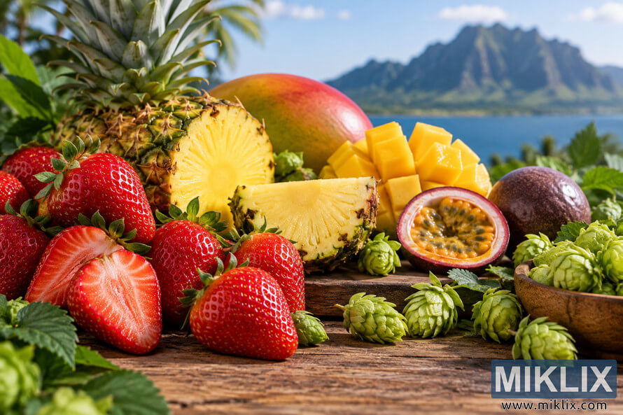 Sunlit still life of fresh red strawberries, pineapple, mango, passion fruit and green hop cones arranged on rustic wood against a softly blurred tropical mountain and ocean landscape. Sunlit still life of fresh red strawberries, pineapple, mango, passion fruit and green hop cones arranged on rustic wood against a softly blurred tropical mountain and ocean landscape.