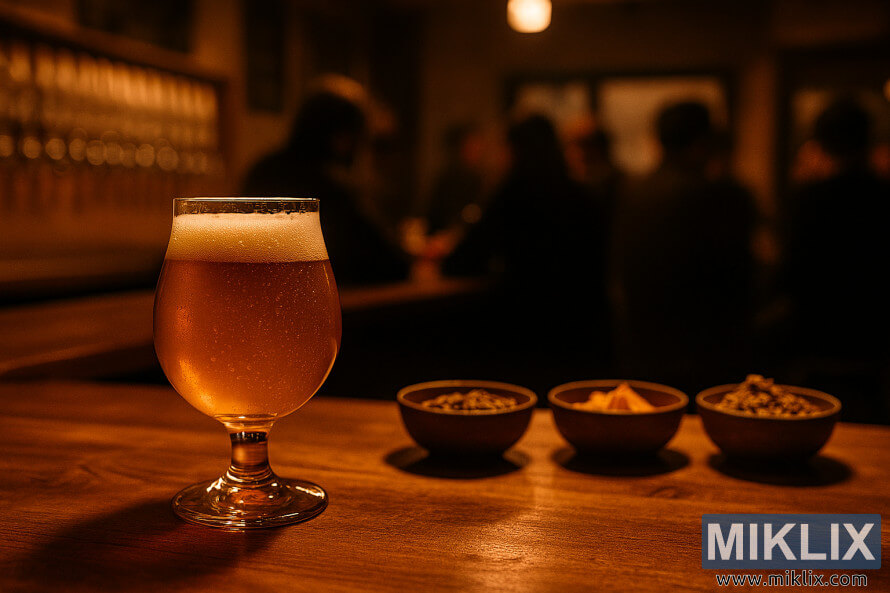 Golden Belgian beer on a wooden bar with aromatic ingredients and shadowy patrons in a cozy taproom Golden Belgian beer on a wooden bar with aromatic ingredients and shadowy patrons in a cozy taproom