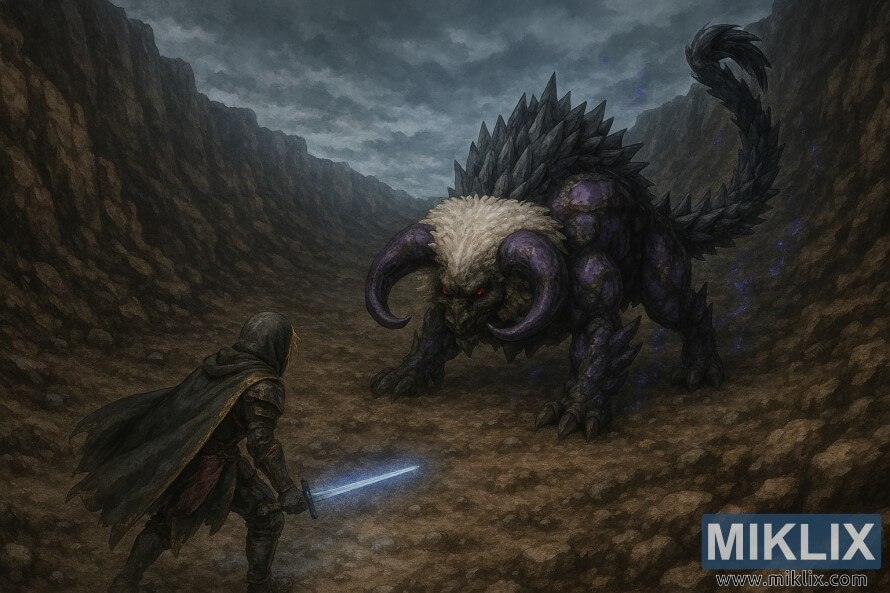 Fan art semi-realistica di Elden Ring che raffigura l'armatura Tarnished in Black Knife che affronta la Bestia Fallingstar nel cratere South Altus Plateau.