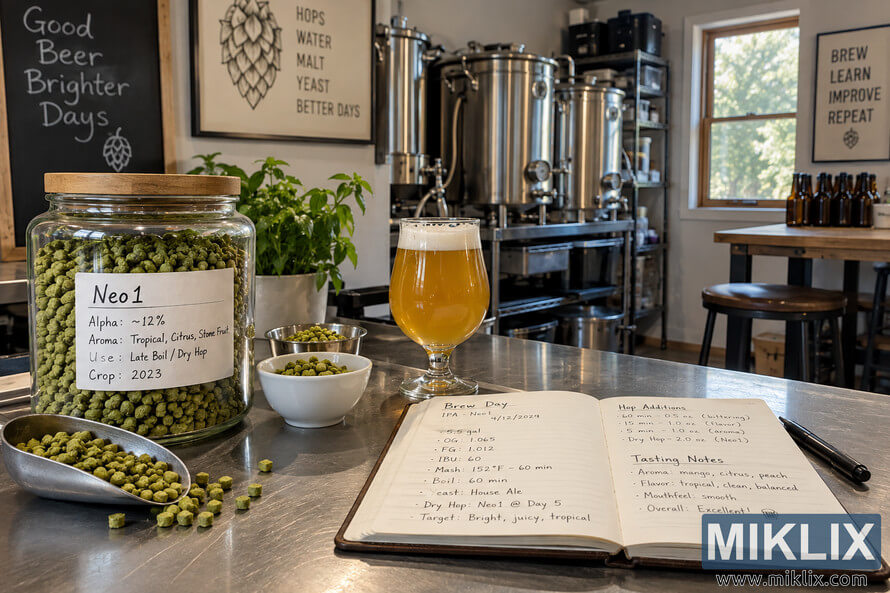 Wide view of an organized homebrewing workspace with a glass jar of Neo1 hop pellets, measured hops, a hazy golden beer, handwritten brewing notes, stainless-steel brewing vessels, shelves, plants, and a sunlit window.