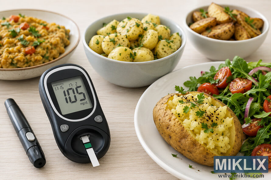 A landscape-oriented photo showing a blood glucose meter displaying a normal blood glucose reading beside a lancing device, surrounded by healthy potato dishes including a baked potato, boiled potatoes with herbs, roasted potato wedges, mashed potatoes, and a fresh green salad, illustrating balanced nutrition and diabetes management. A landscape-oriented photo showing a blood glucose meter displaying a normal blood glucose reading beside a lancing device, surrounded by healthy potato dishes including a baked potato, boiled potatoes with herbs, roasted potato wedges, mashed potatoes, and a fresh green salad, illustrating balanced nutrition and diabetes management.