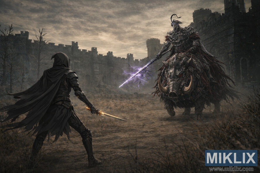 Realistic fantasy scene of the Tarnished in Black Knife armor facing Commander Gaius riding an armored boar amid ruined fortress walls before combat.