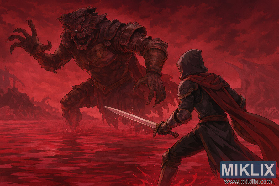 Anime fan art koji prikazuje Tarnished kako se bori protiv Dragonkin Soldiera u Elden Ringovom Lake of Rot Anime fan art koji prikazuje Tarnished kako se bori protiv Dragonkin Soldiera u Elden Ringovom Lake of Rot