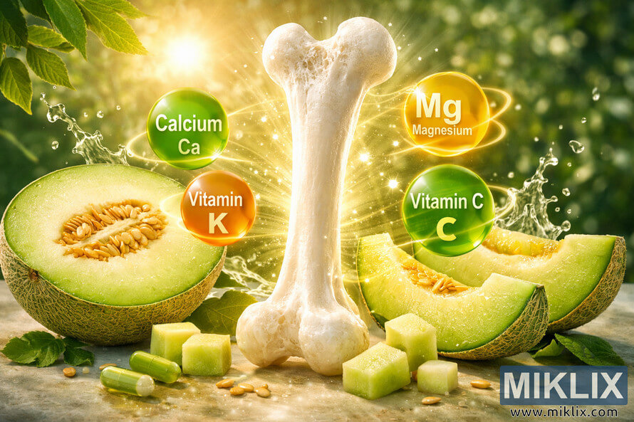 Illustration of a glowing healthy femur bone surrounded by honeydew melon slices and nutrient spheres labeled Calcium, Vitamin K, Magnesium, and Vitamin C, with sunlight and green leaves in the background. Illustration of a glowing healthy femur bone surrounded by honeydew melon slices and nutrient spheres labeled Calcium, Vitamin K, Magnesium, and Vitamin C, with sunlight and green leaves in the background.