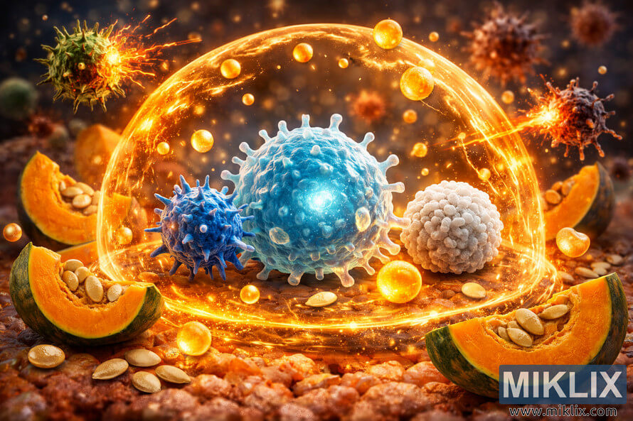 Digital illustration showing immune cells shielded by pumpkin-derived antioxidants against harmful agents.