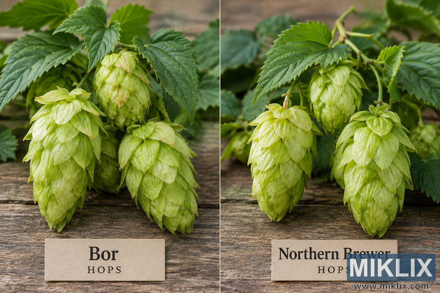 Landscape photograph comparing fresh Bor hop cones on the left with Northern Brewer hop cones on the right, with green leaves, rustic wooden background, and labeled identification cards.